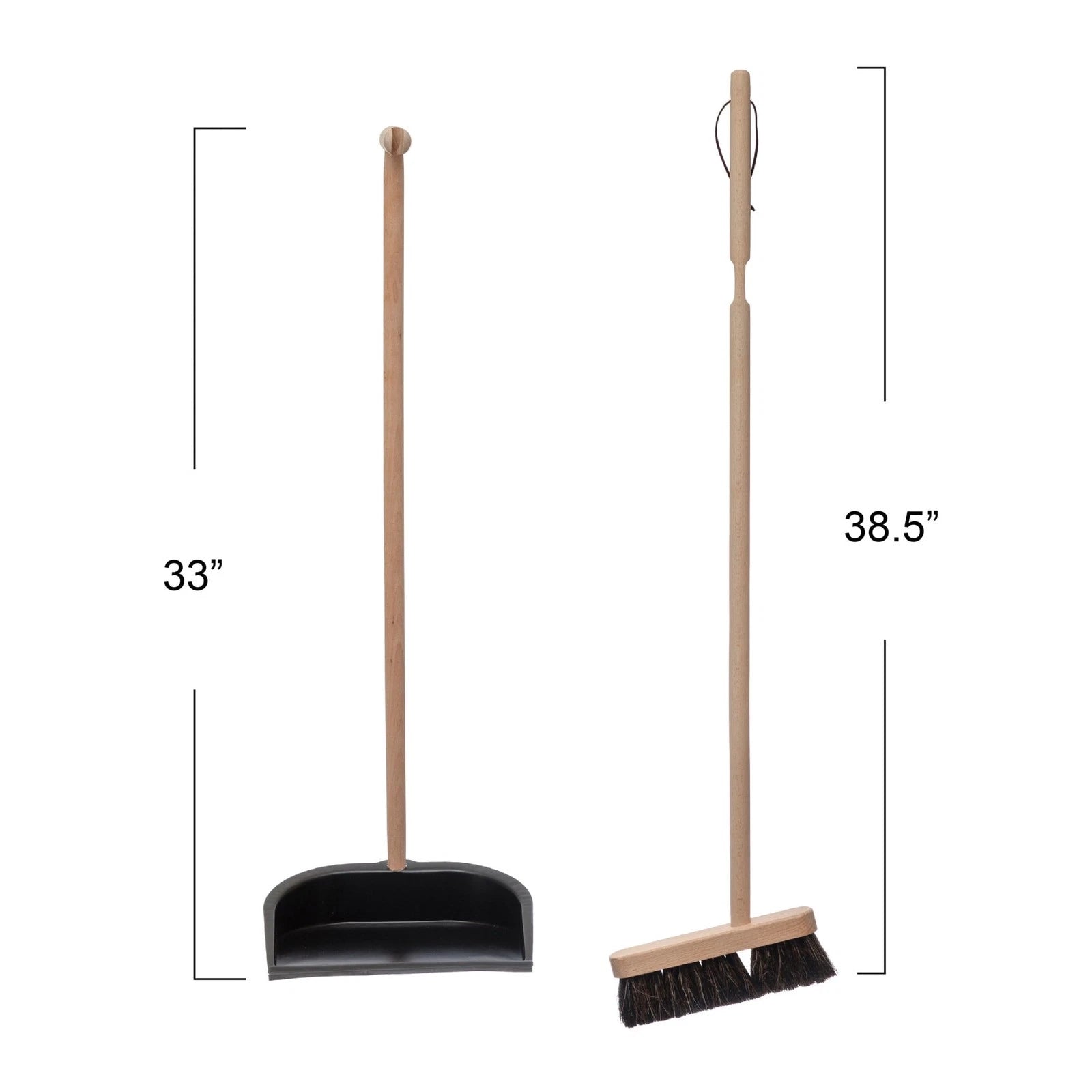 Beech Wood Broom & Standing Metal Dust Pan, Natural & Black, Set of 2