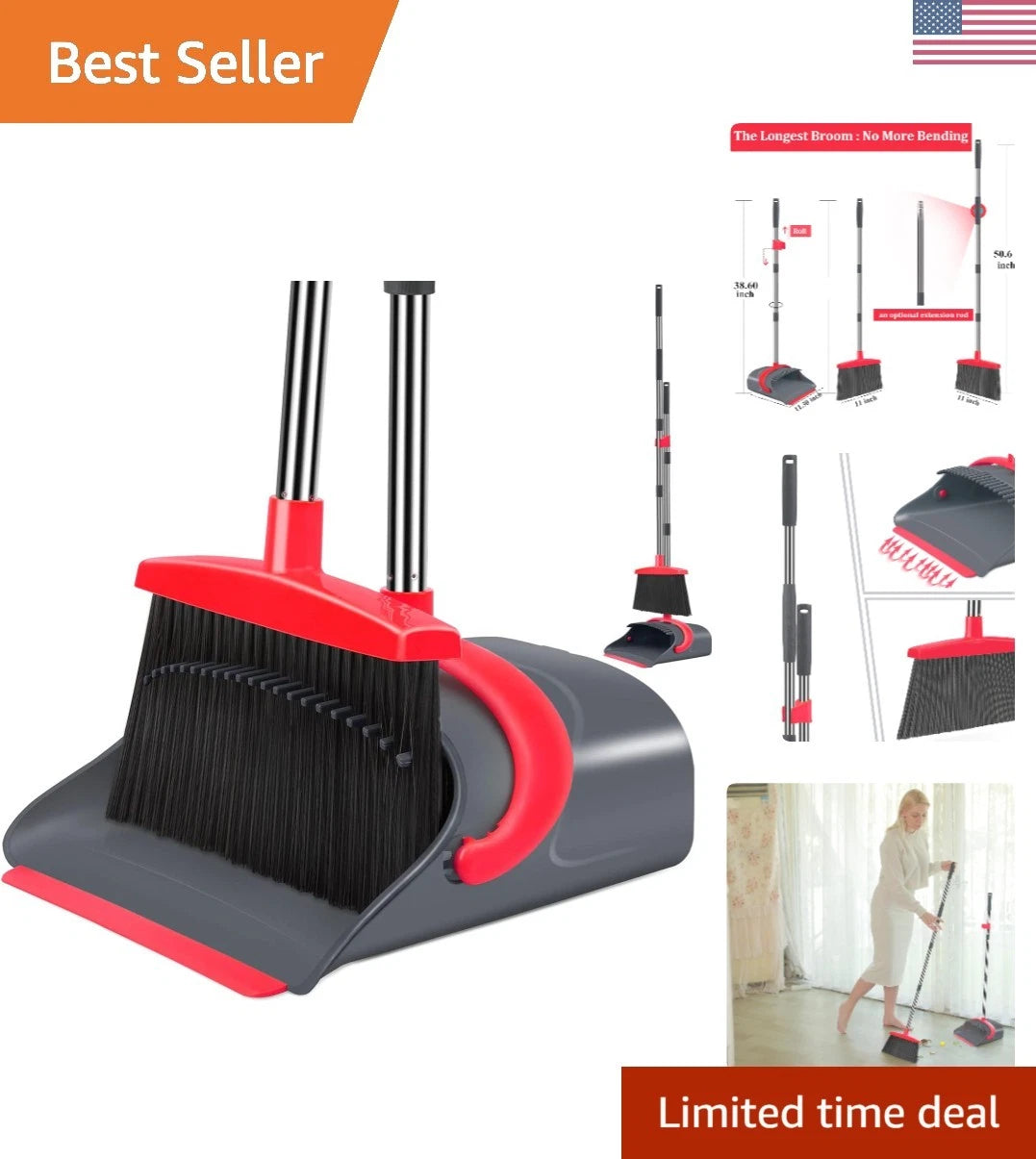 Adjustable Long Handle Dustpan Set for Effortless Home Cleaning - Gray & Red