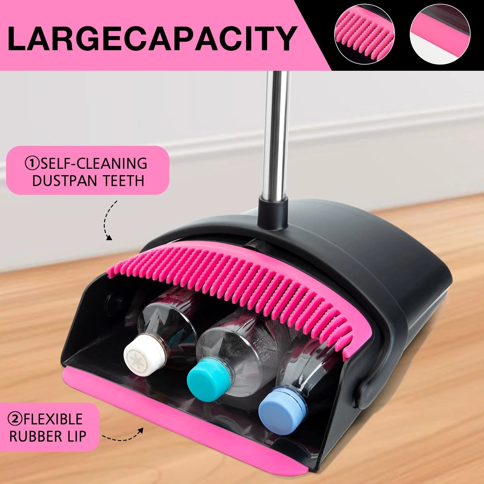 Broom and Dustpan Set, Long Handle Combo for Indoor&Outdoor Sweeping(Black Pink)