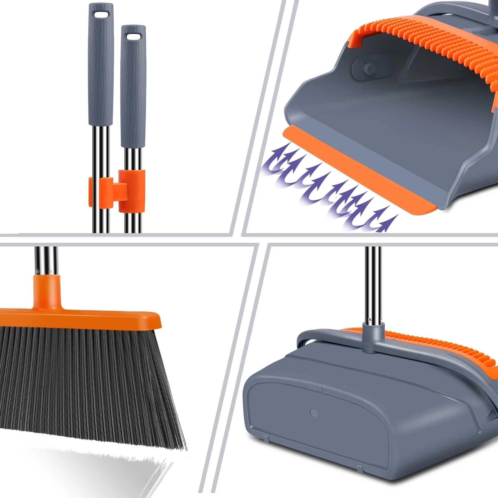 Broom and Dustpan Set Self-Cleaning with Dustpan Teeth Indoor New