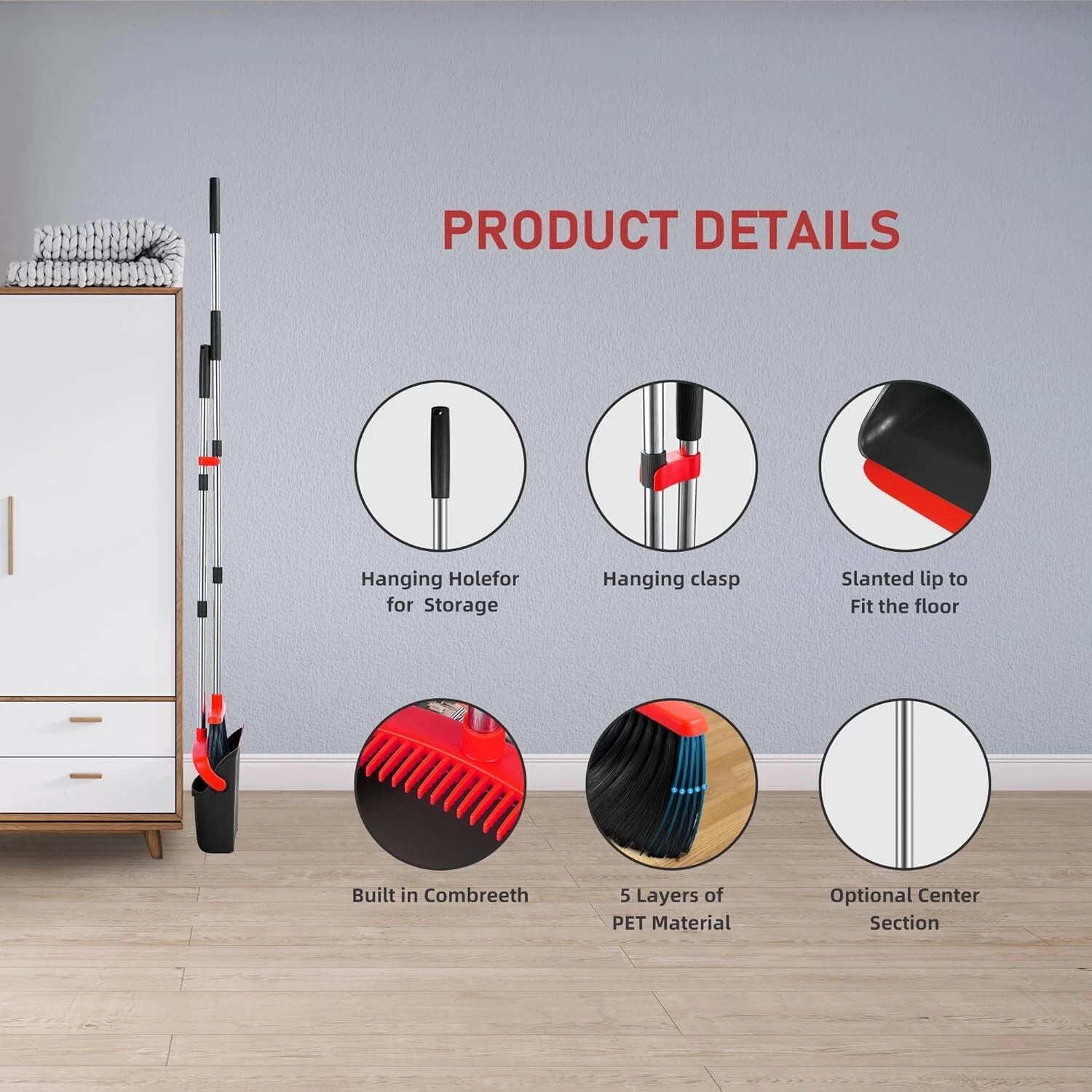 Adjustable 54-in Broom & Dustpan Set with Teeth for Hair Cleaning