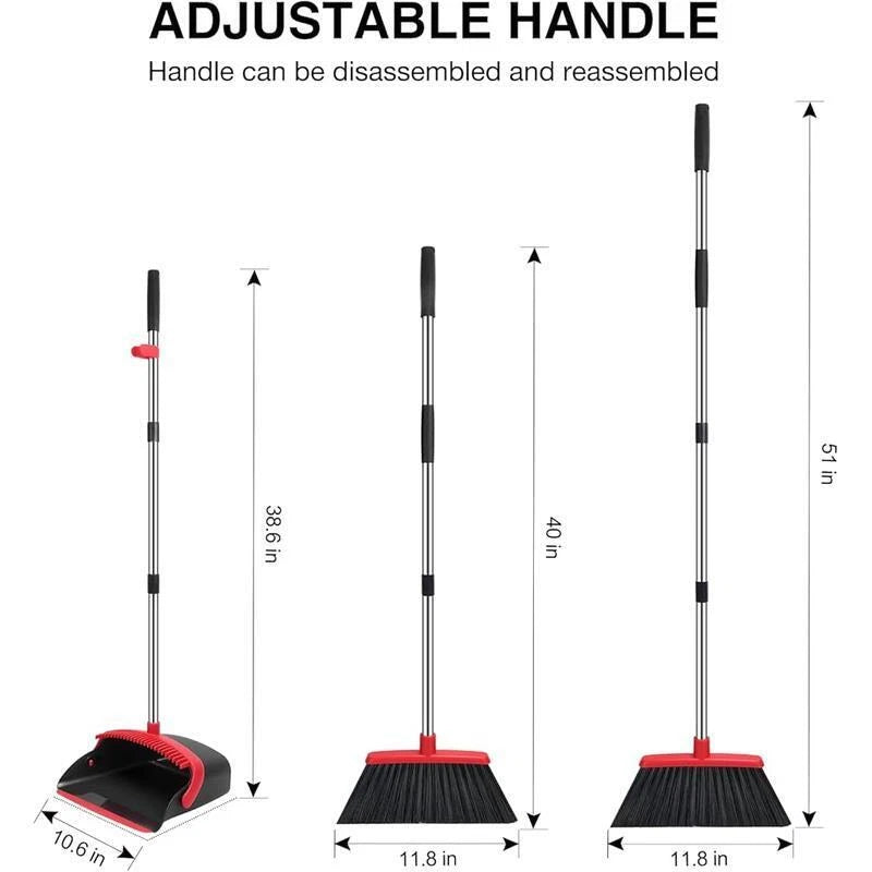Adjustable Long Handle Broom Dustpan Combo W/ Built-in Teeth Easy Cleaning New