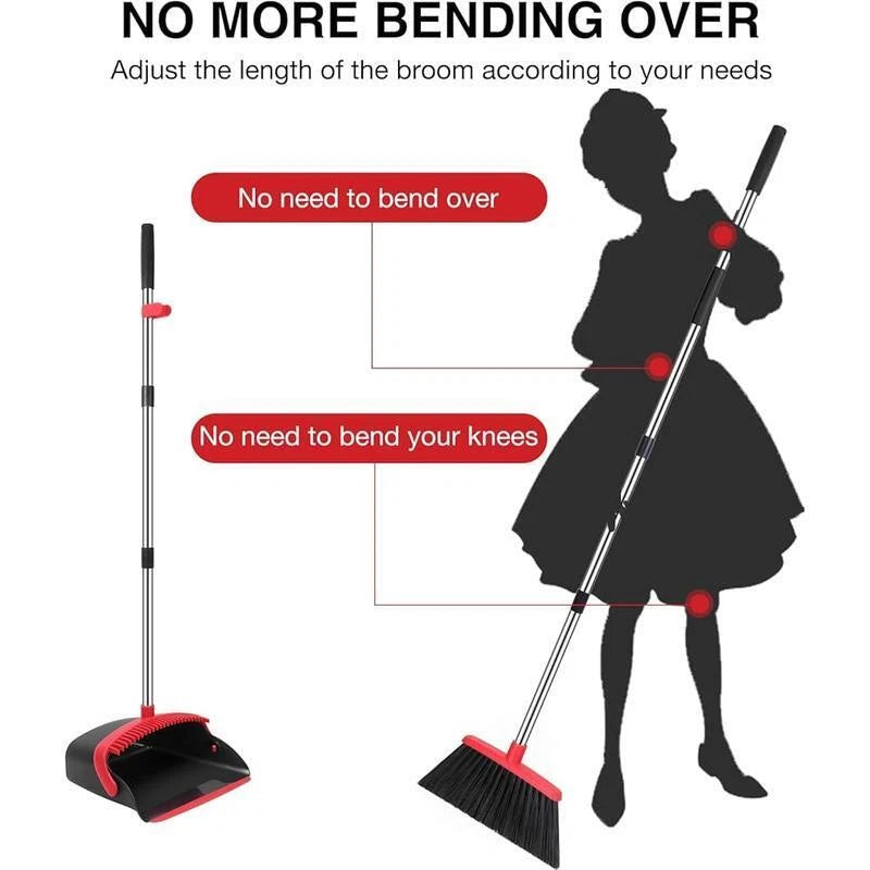 Adjustable Long Handle Broom Dustpan Combo W/ Built-in Teeth Easy Cleaning New
