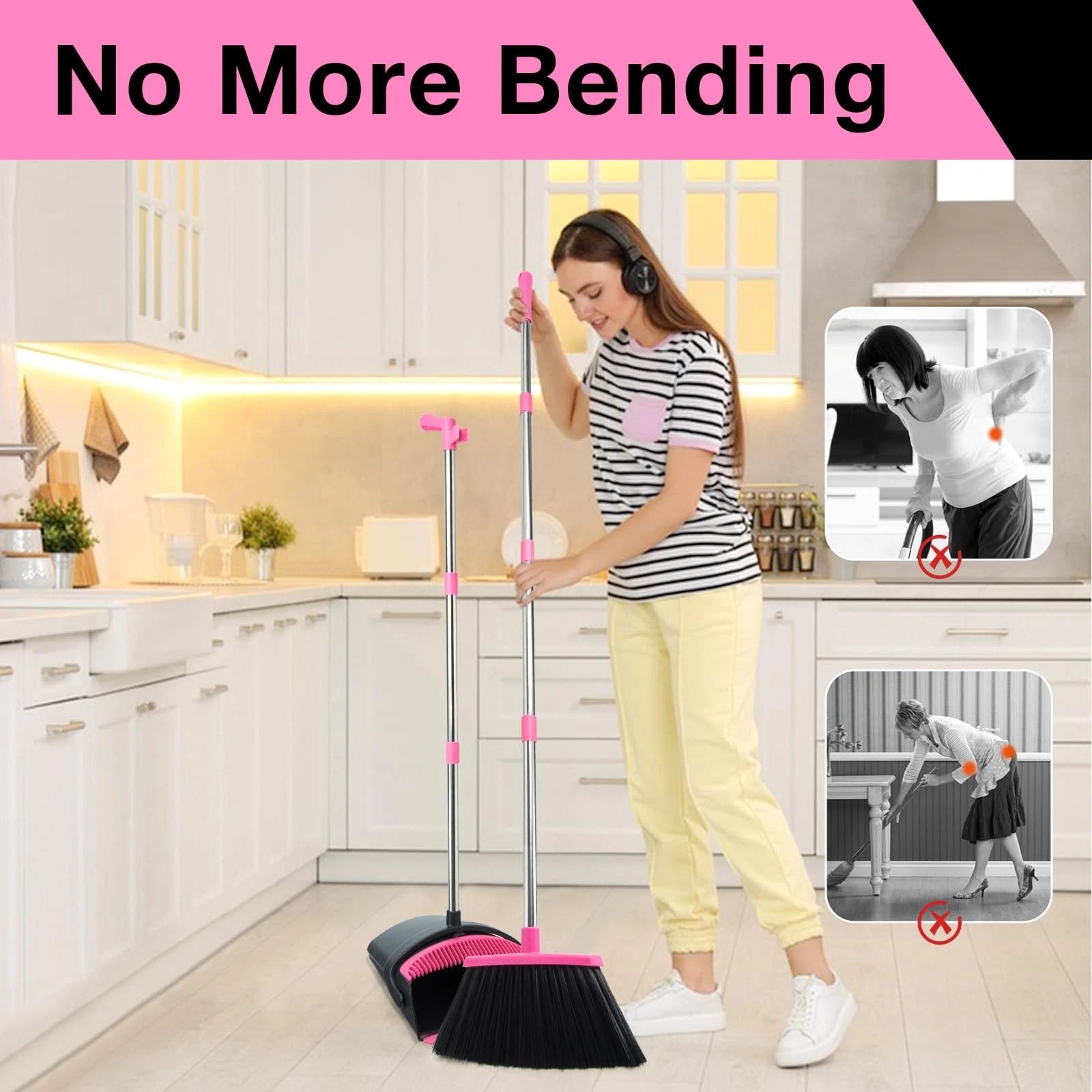 Broom and Dustpan Set, Long Handle Combo for Indoor&Outdoor Sweeping(Black Pink)