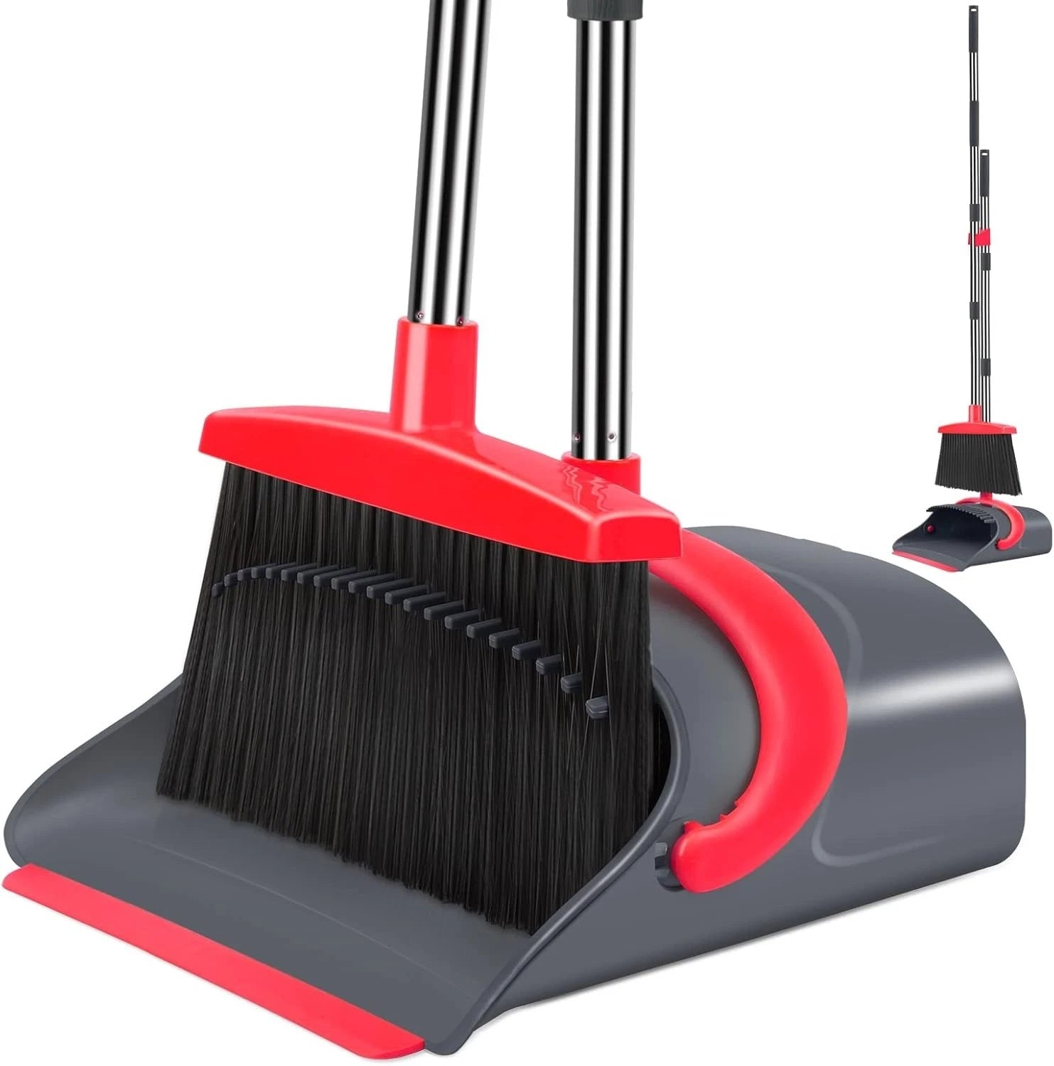 Adjustable Long Handle Dustpan Set for Effortless Home Cleaning - Gray & Red