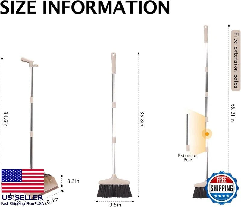 Broom and Dustpan Set with Long Handle, Lightweight Stainless Steel, Brown Beige