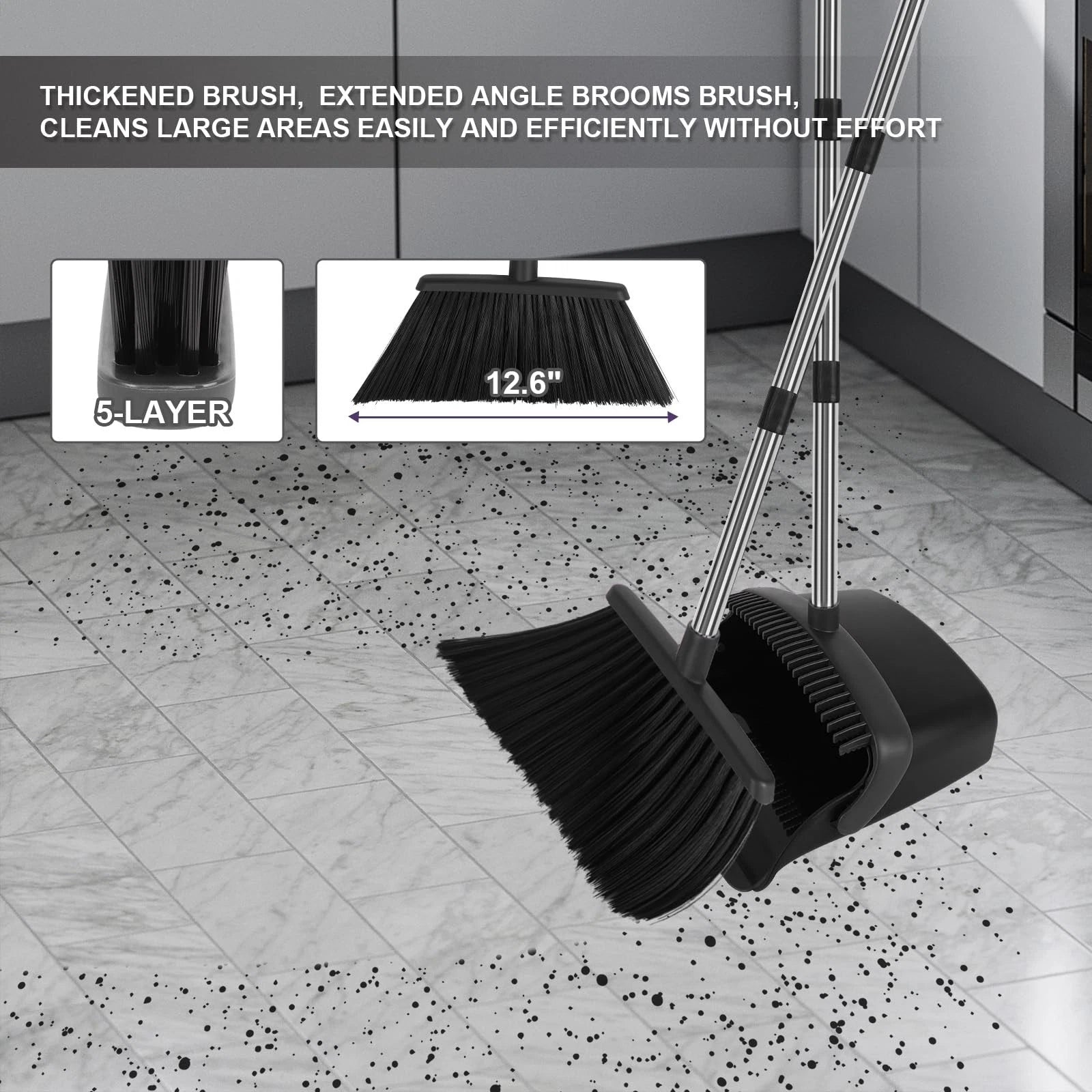 Broom and Dustpan Set 55" Long Handle Large Combo for Kitchen Lobby Office Indoo