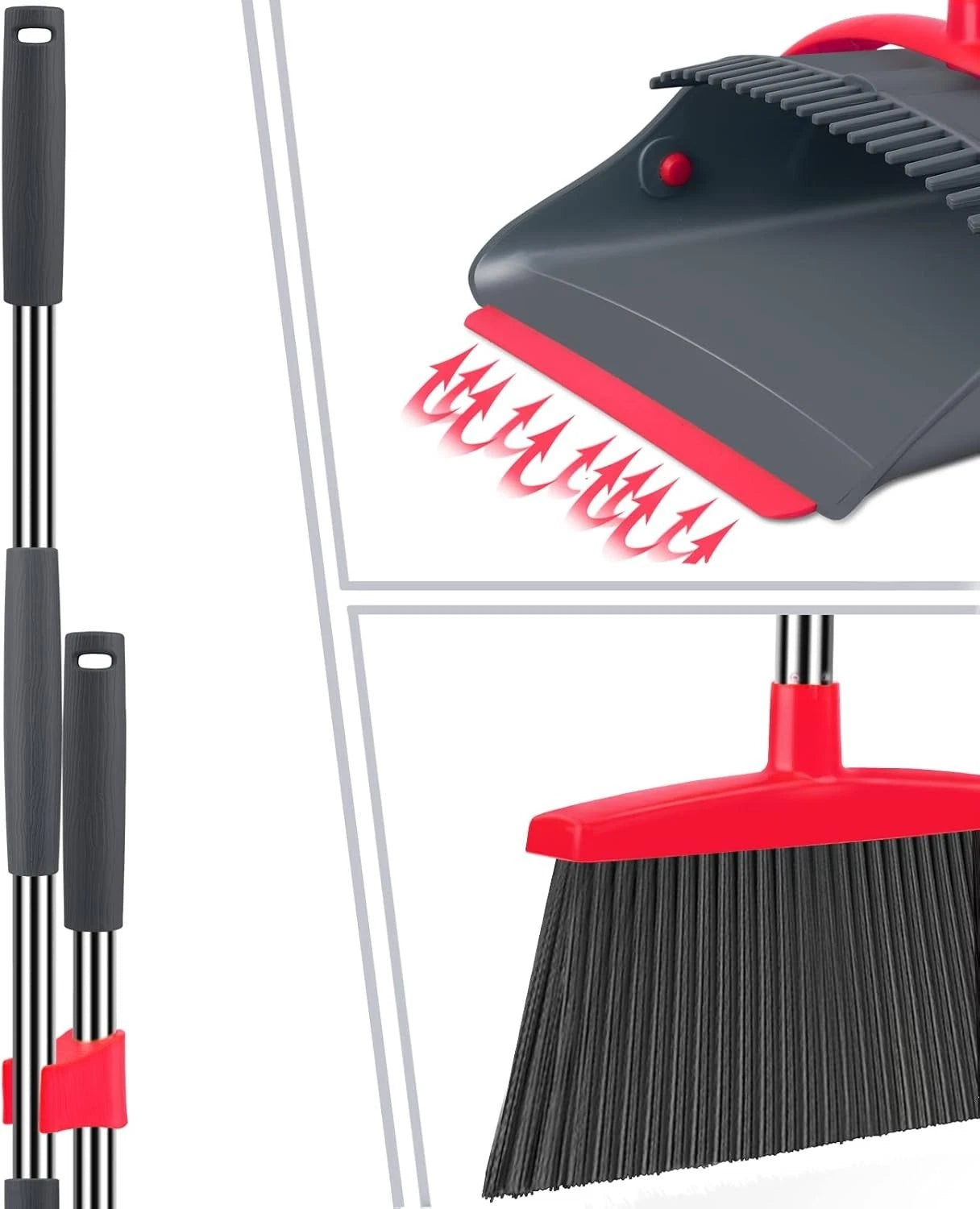 Adjustable Long Handle Dustpan Set for Effortless Home Cleaning - Gray & Red