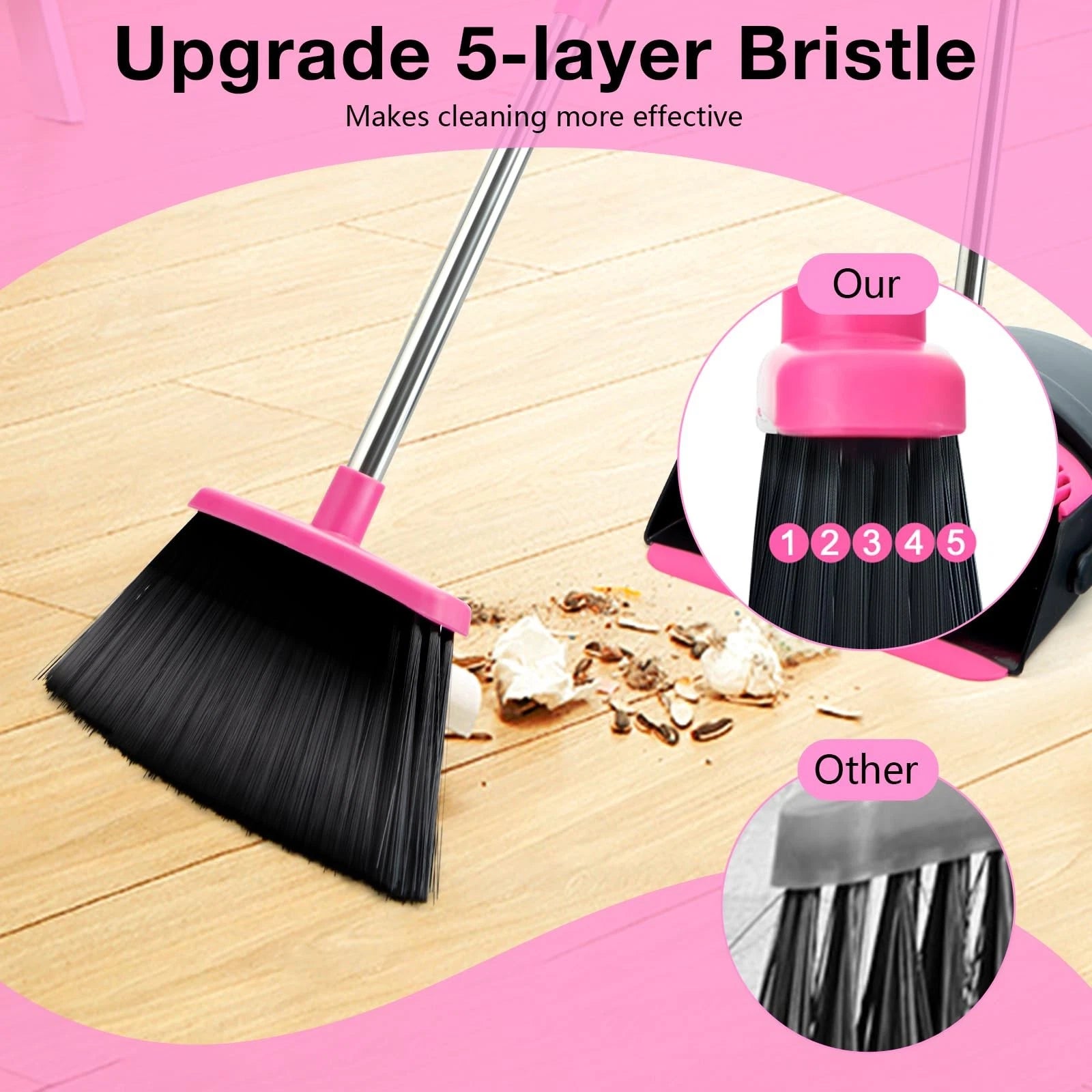 Broom and Dustpan Set, Long Handle Combo for Indoor&Outdoor Sweeping(Black Pink)