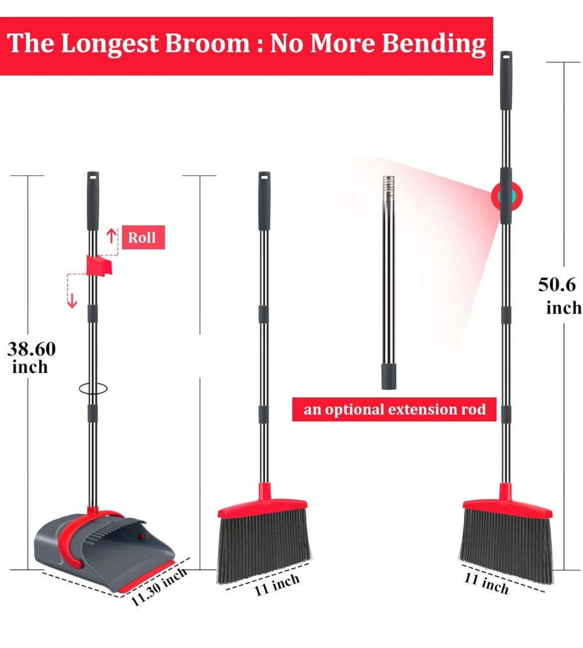 51"Stainless Steel Handle Broom with Dustpan Combo set for Kitchen Office Garden