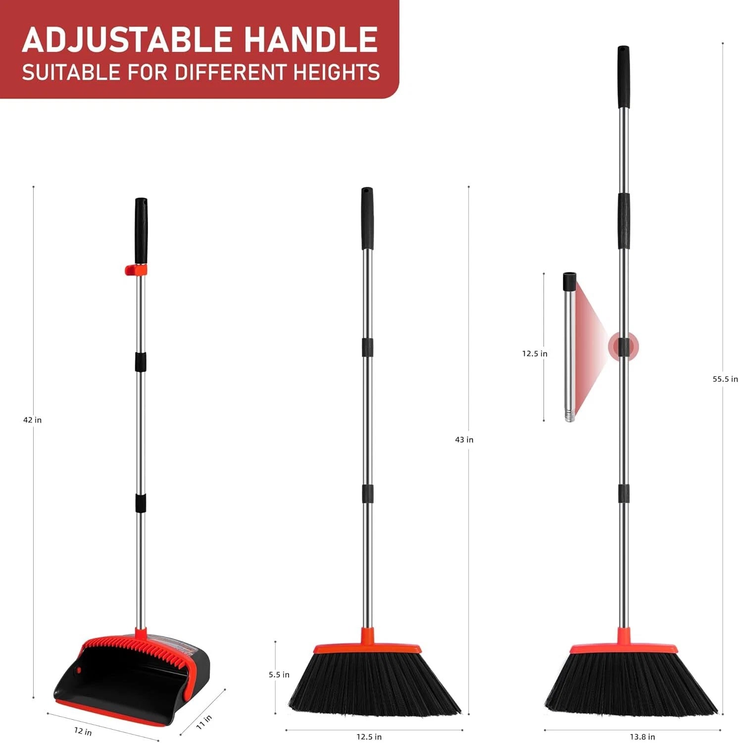 Adjustable 54-in Broom & Dustpan Set with Teeth for Hair Cleaning
