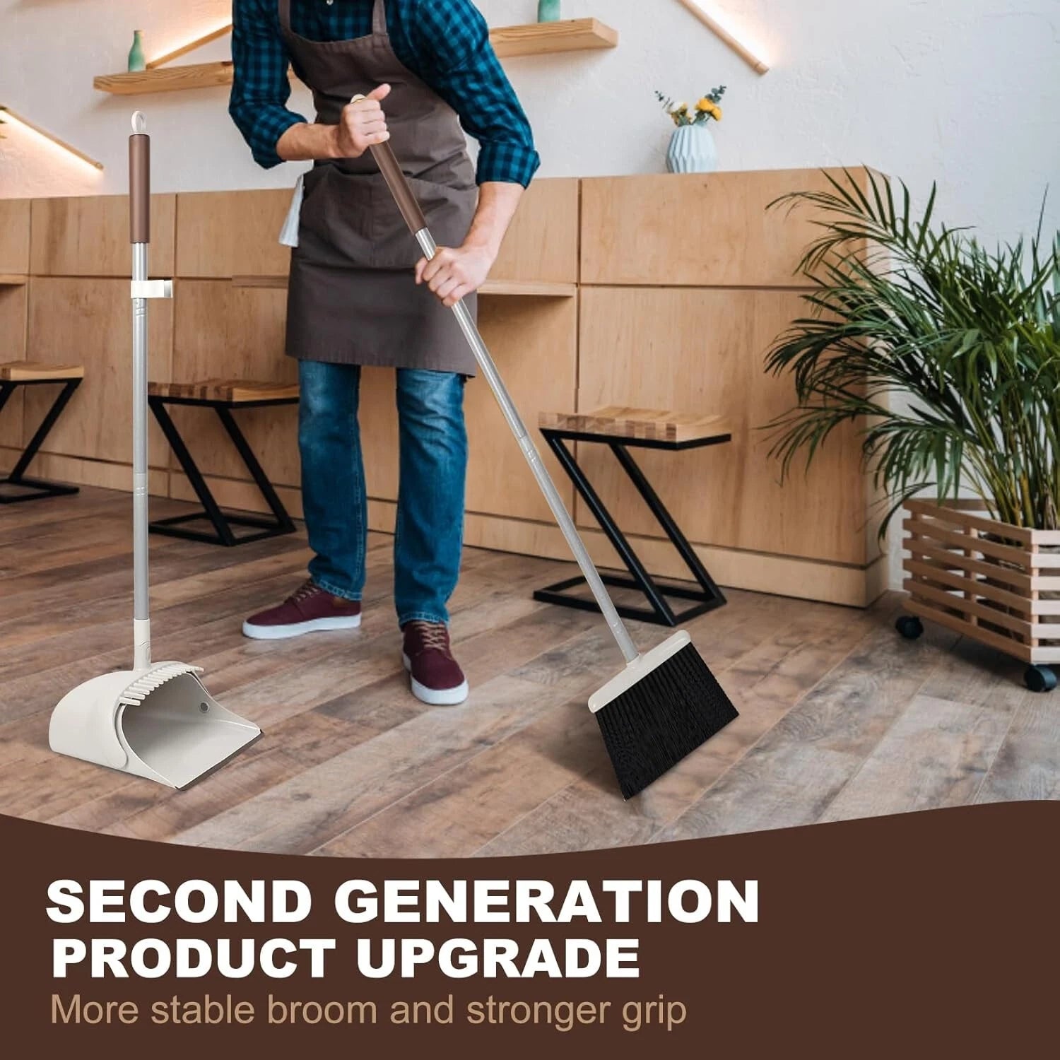 54" Long Handled Broom & Dustpan Set - Efficient Cleaning in Brown & White