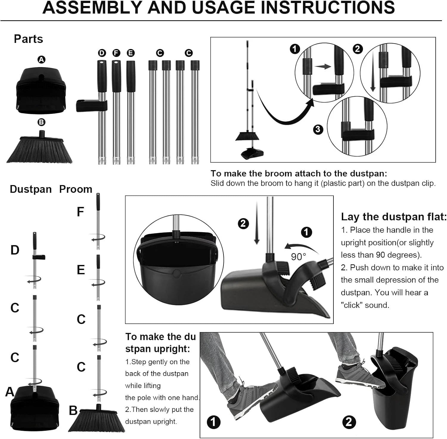 55" Long Handle Broom & Self-Cleaning Dustpan Set in Elegant Black