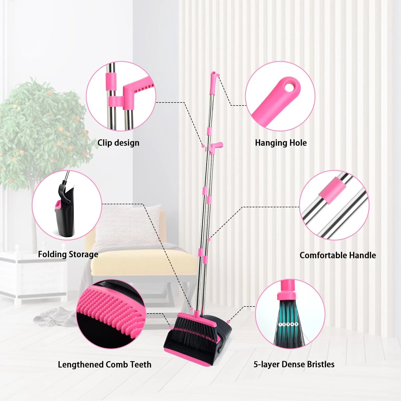 Broom and Dustpan Set, Long Handle Combo for Indoor&Outdoor Sweeping(Black Pink)