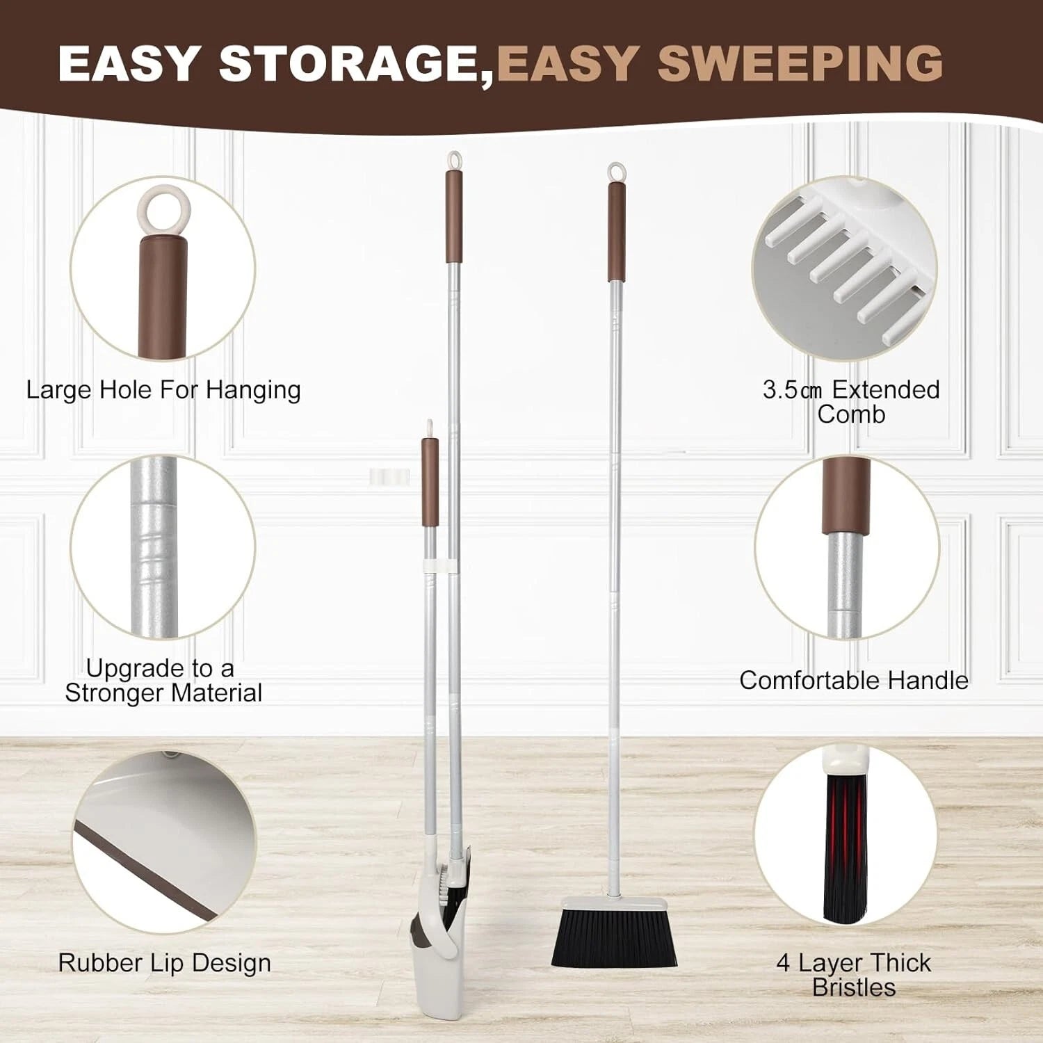 54" Long Handled Broom & Dustpan Set - Efficient Cleaning in Brown & White