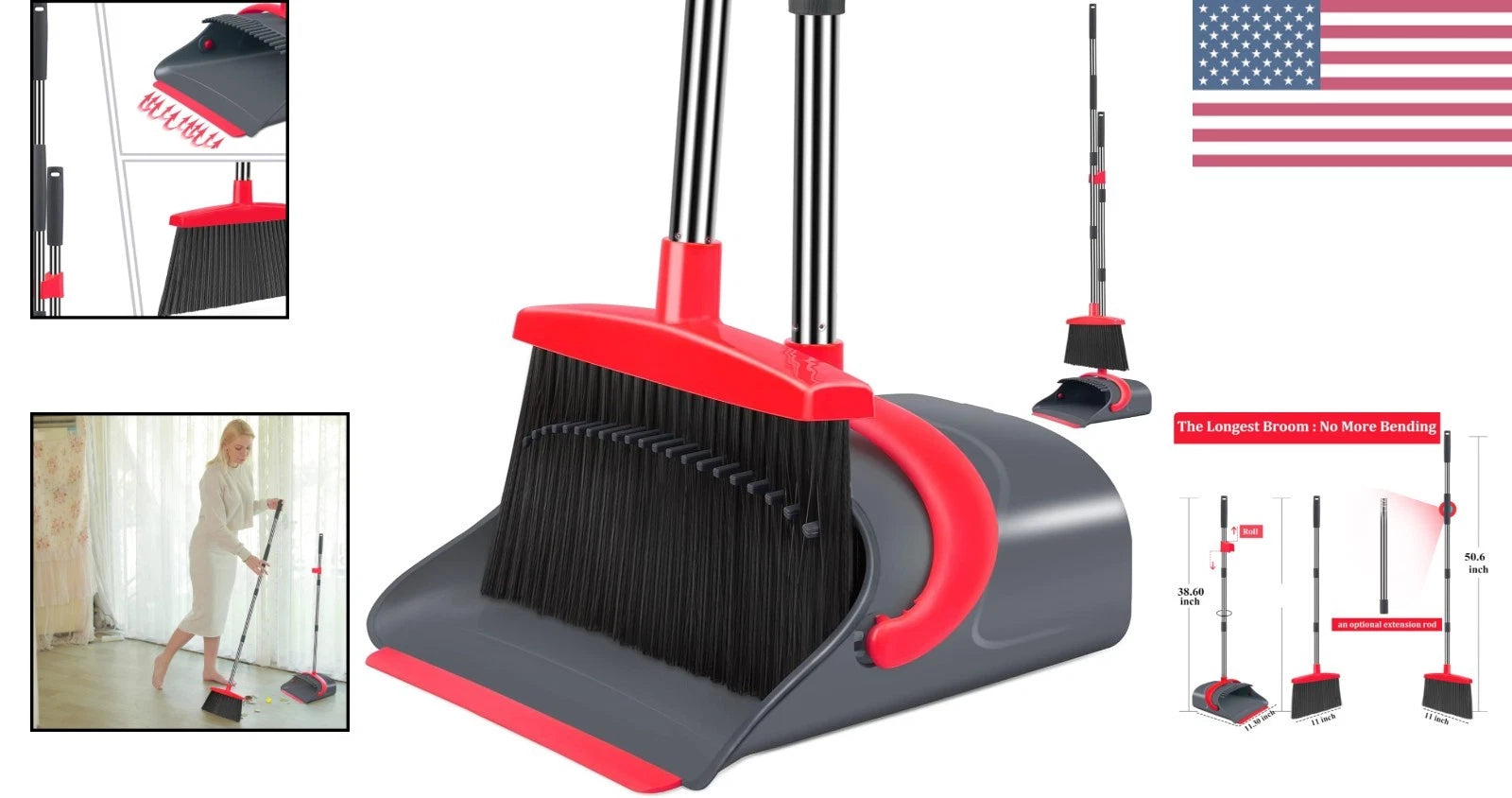 Adjustable Long Handle Dustpan Set for Effortless Home Cleaning - Gray & Red