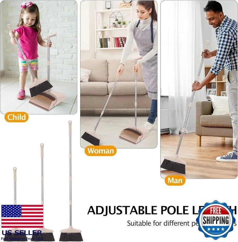 Broom and Dustpan Set with Long Handle, Lightweight Stainless Steel, Brown Beige
