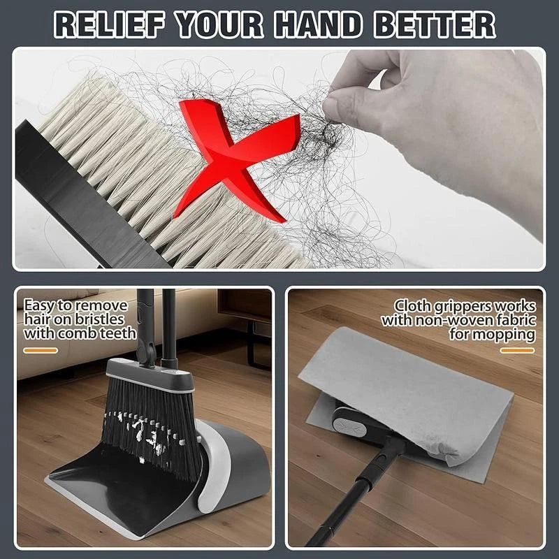 Broom & Dustpan Set Extendable Swivel Brush Comb Teeth Cleaning Multifunctional