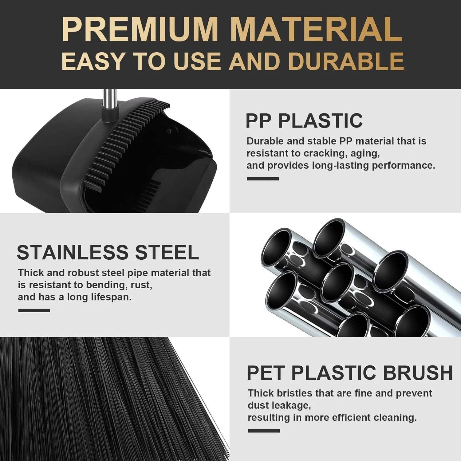 55" Long Handle Broom & Self-Cleaning Dustpan Set in Elegant Black