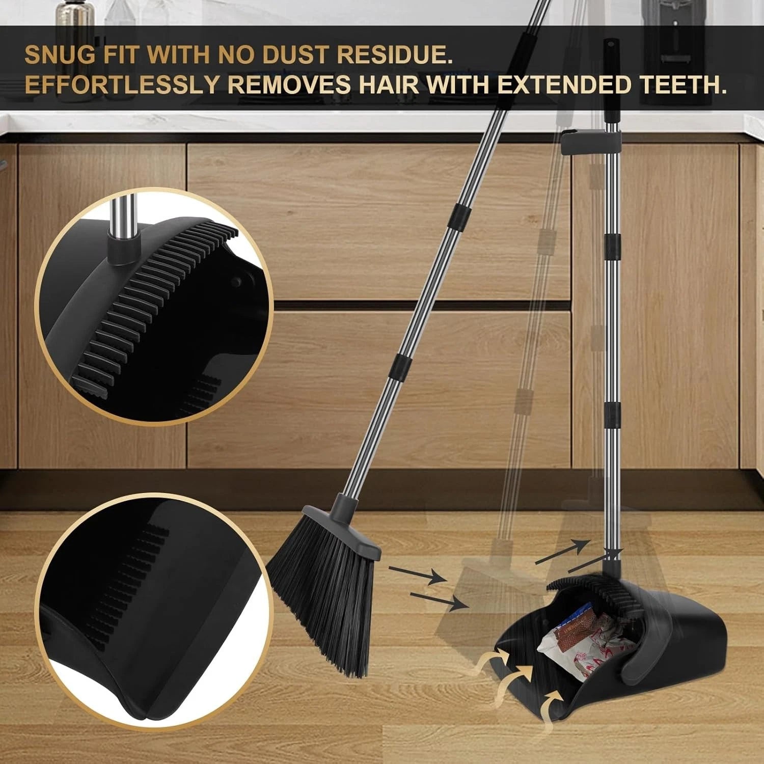 55" Long Handle Broom & Self-Cleaning Dustpan Set in Elegant Black