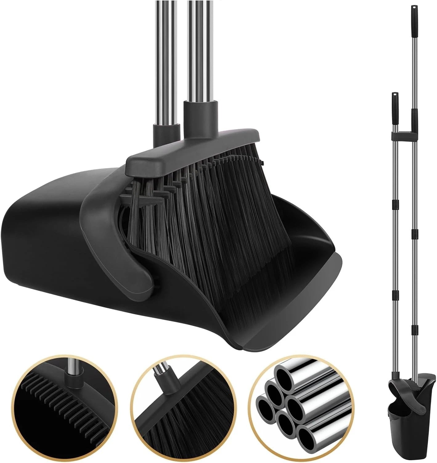 55" Long Handle Broom & Self-Cleaning Dustpan Set in Elegant Black