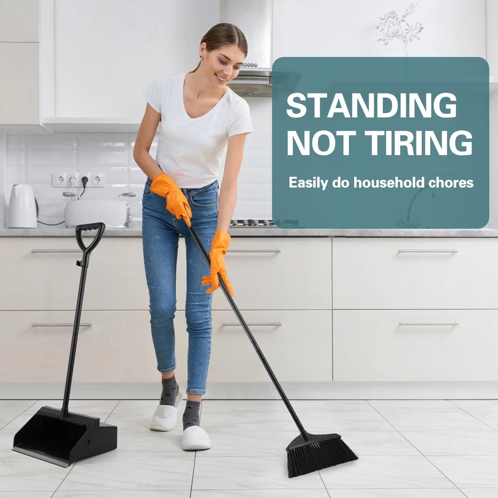 Broom and Dustpan Combo Set Large Long Handle Stiff Bristles for Indoor Outdoor