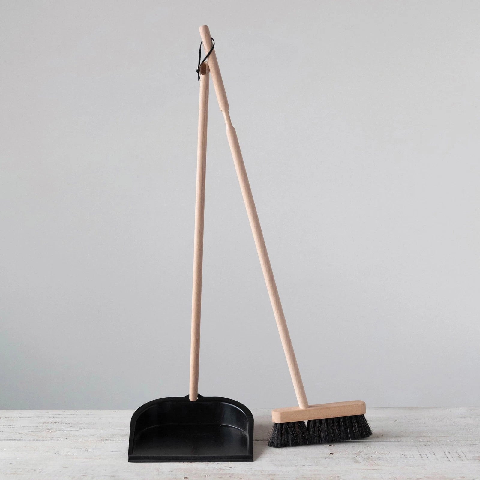 Beech Wood Broom & Standing Metal Dust Pan, Natural & Black, Set of 2