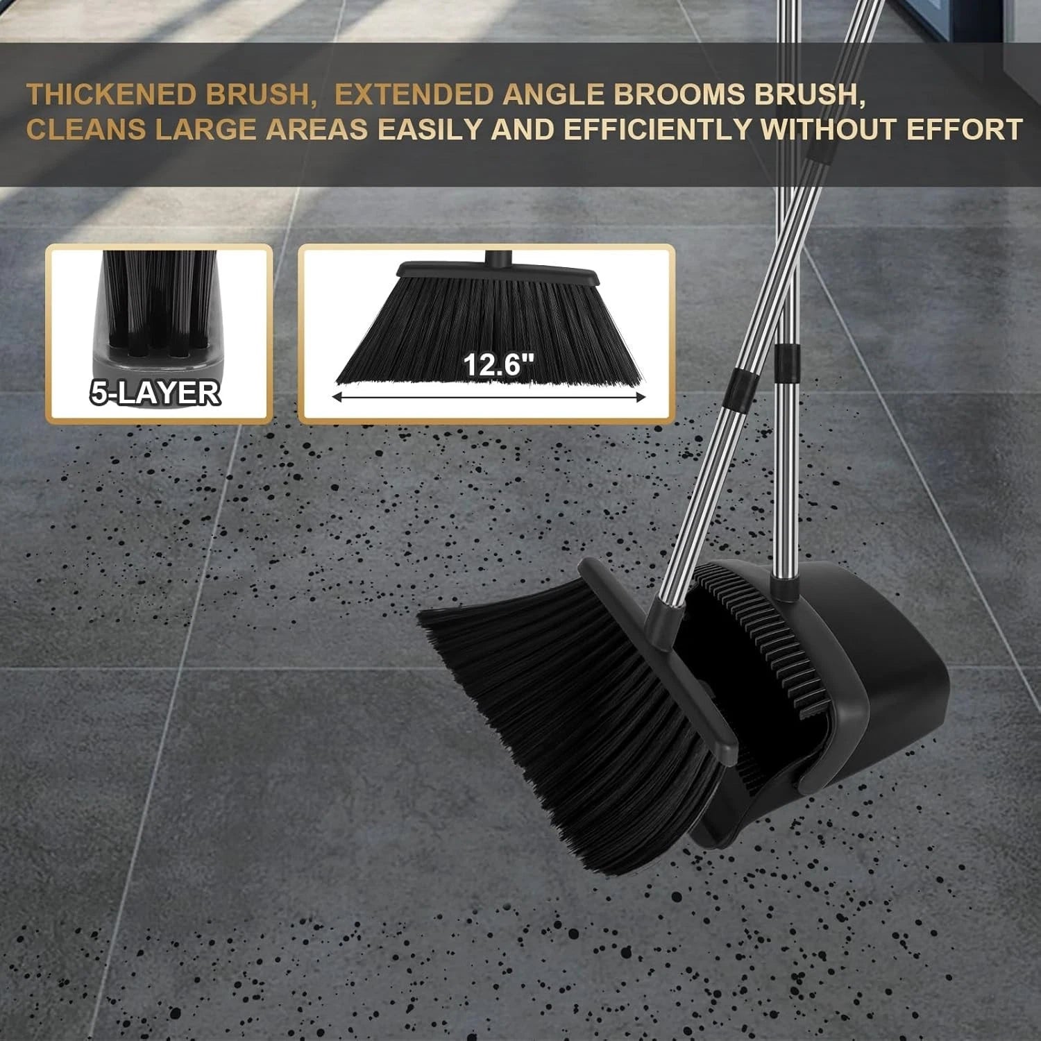 55" Long Handle Broom & Self-Cleaning Dustpan Set in Elegant Black