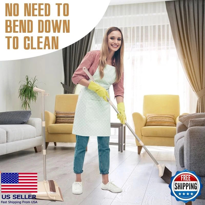 Broom and Dustpan Set with Long Handle, Lightweight Stainless Steel, Brown Beige