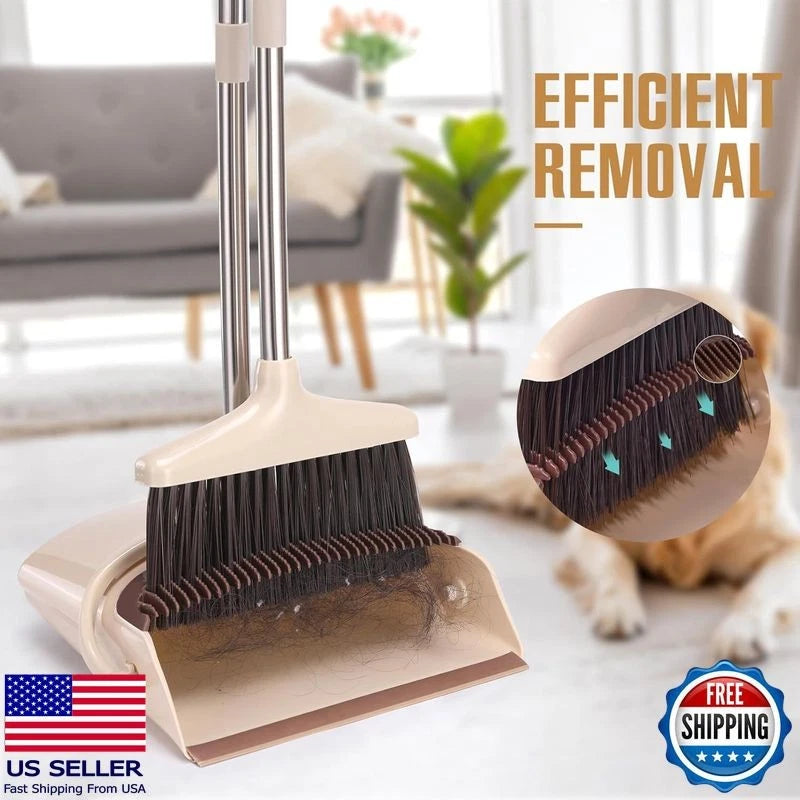 Broom and Dustpan Set with Long Handle, Lightweight Stainless Steel, Brown Beige