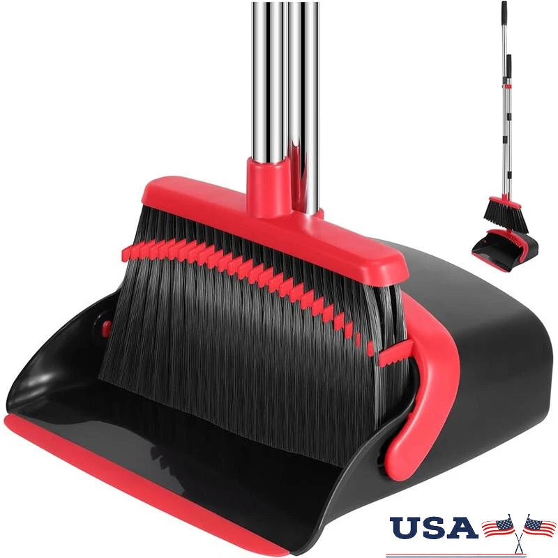 Adjustable Long Handle Broom Dustpan Combo W/ Built-in Teeth Easy Cleaning New