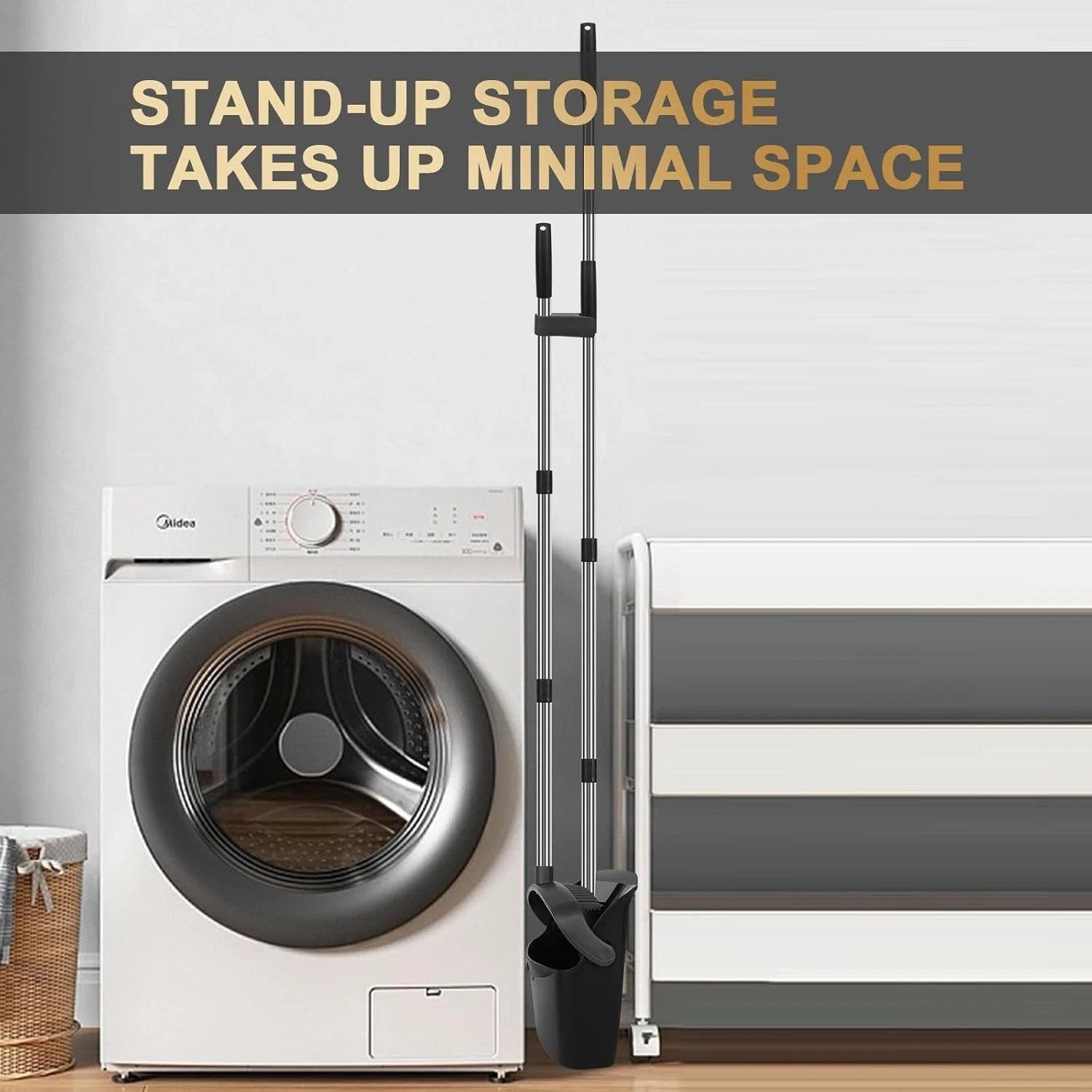 55" Long Handle Broom & Self-Cleaning Dustpan Set in Elegant Black