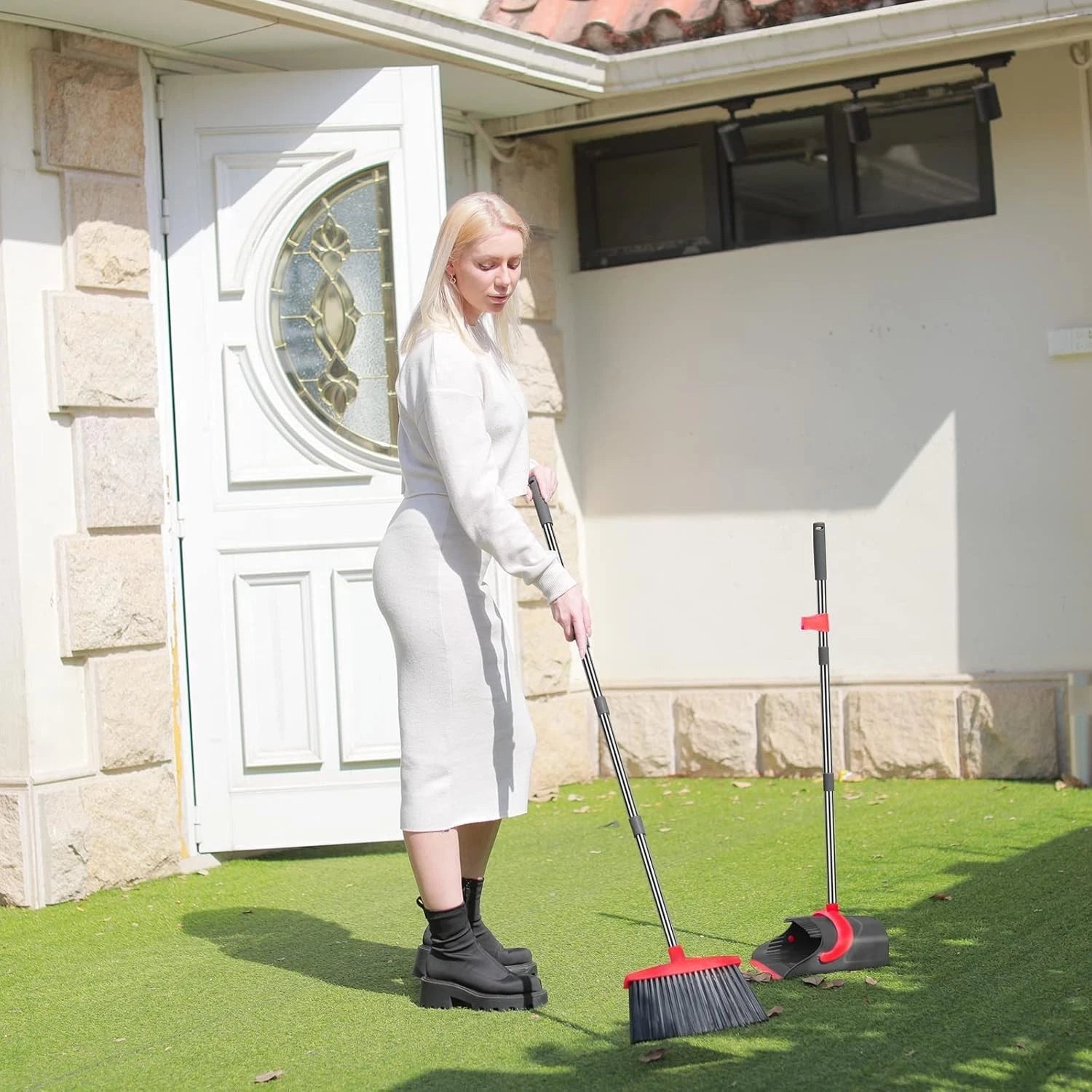 Adjustable Long Handle Dustpan Set for Effortless Home Cleaning - Gray & Red