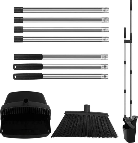 55" Long Handle Broom & Self-Cleaning Dustpan Set in Elegant Black