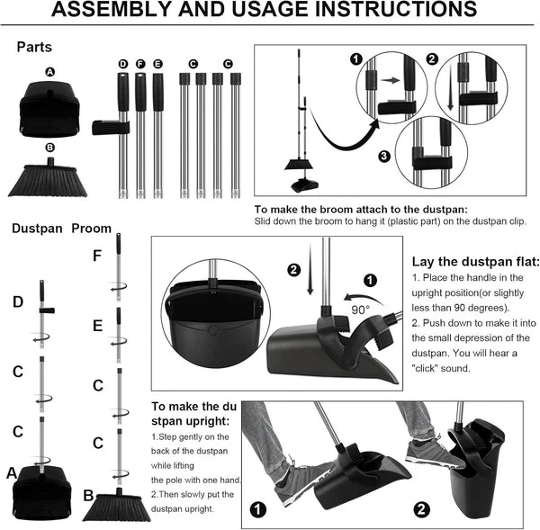 55" Long Handle Broom & Self-Cleaning Dustpan Set in Elegant Black