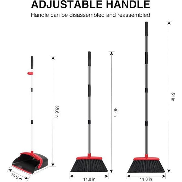 Adjustable Long Handle Broom Dustpan Combo W/ Built-in Teeth Easy Cleaning New