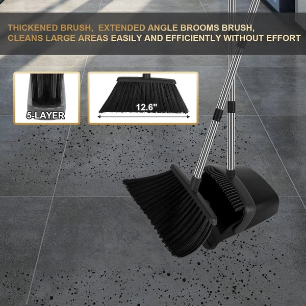55" Long Handle Broom & Self-Cleaning Dustpan Set in Elegant Black