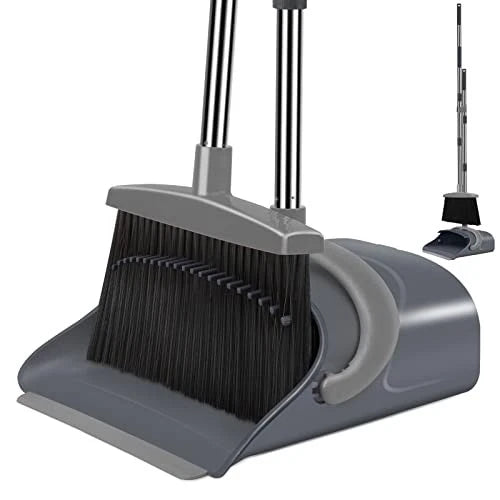 Broom and Dustpan Set, Dust pan with Long Handle, Broom with Dustpan Gray&black