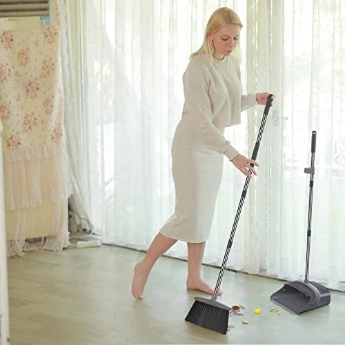 Broom and Dustpan Set, Dust pan with Long Handle, Broom with Dustpan Gray&black