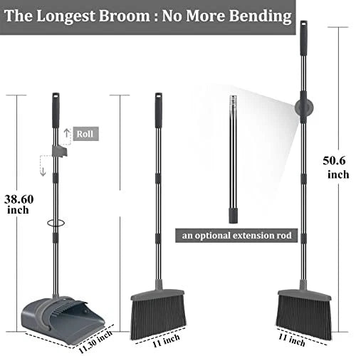 Broom and Dustpan Set, Dust pan with Long Handle, Broom with Dustpan Gray&black
