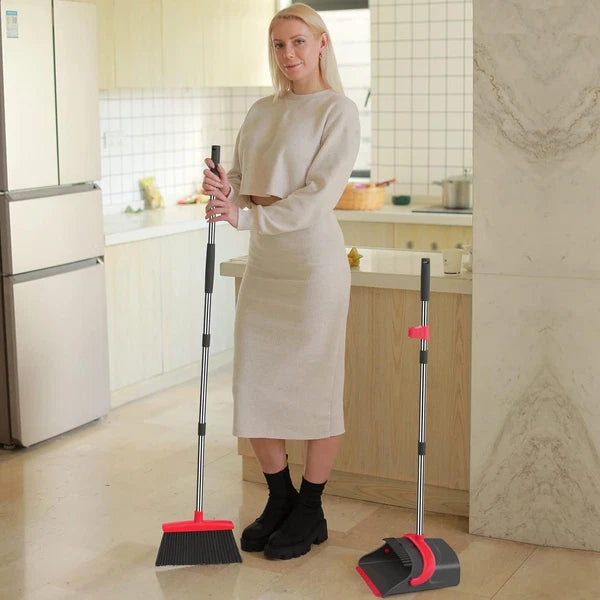 Adjustable Long Handle Dustpan Set for Effortless Home Cleaning - Gray & Red