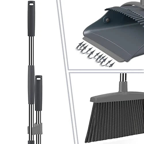 Broom and Dustpan Set, Dust pan with Long Handle, Broom with Dustpan Gray&black