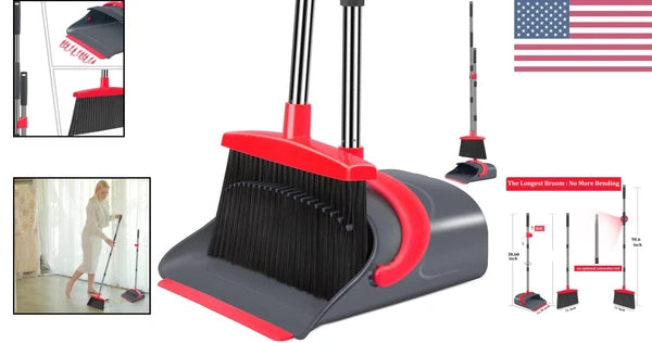 Adjustable Long Handle Dustpan Set for Effortless Home Cleaning - Gray & Red