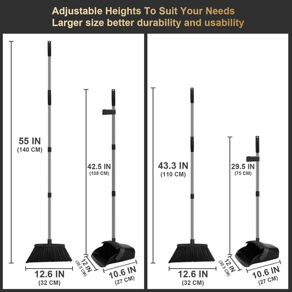55" Long Handle Broom & Self-Cleaning Dustpan Set in Elegant Black