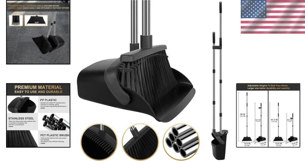 55" Long Handle Broom & Self-Cleaning Dustpan Set in Elegant Black