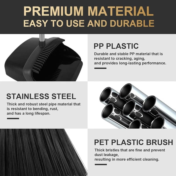 55" Long Handle Broom & Self-Cleaning Dustpan Set in Elegant Black
