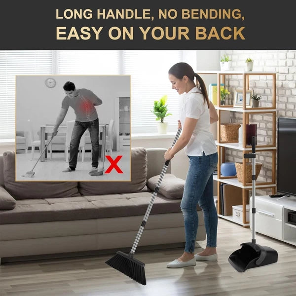 55" Long Handle Broom & Self-Cleaning Dustpan Set in Elegant Black