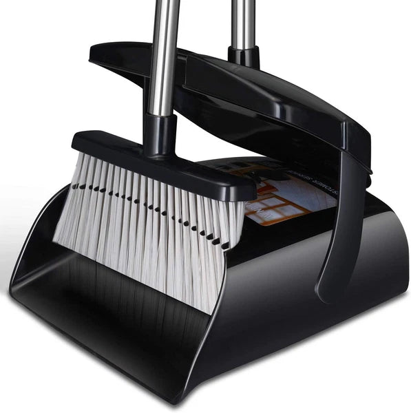 Broom and Dustpan Set for Home with Lid Indoor Upright Black