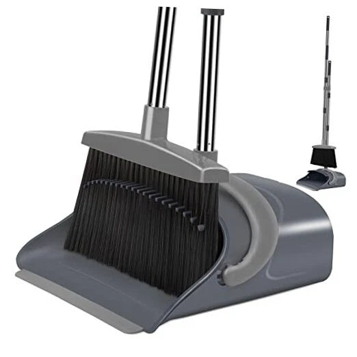 Broom and Dustpan Set, Dust pan with Long Handle, Broom with Dustpan Gray&black