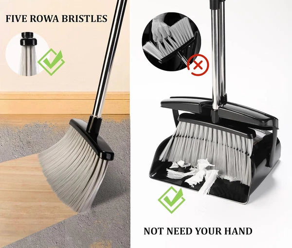 Broom and Dustpan Set for Home with Lid Indoor Upright Black